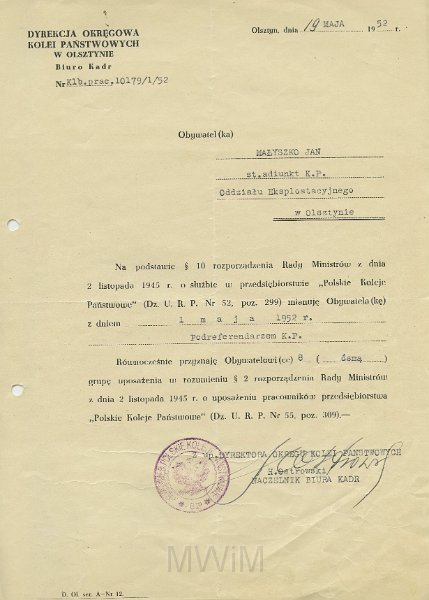 KKE 5642.jpg - Dok. Pismo z Dyrekcji Okręgowej Kolei Państwowych w Olsztynie do Jana Małyszko dotyczące awansu zawodowego, Olsztyn, 19 V 1952 r.